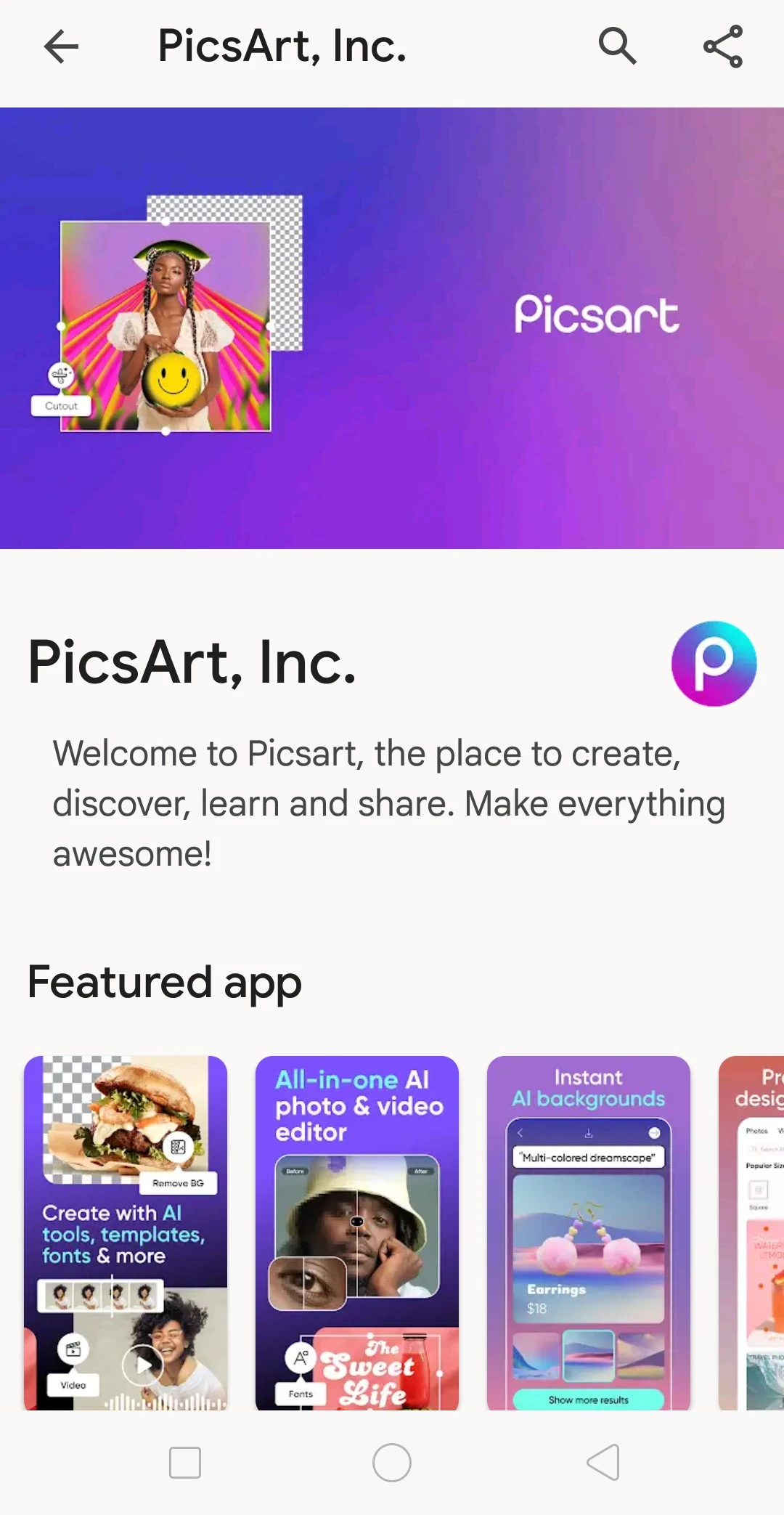 Picsart app on Play store 