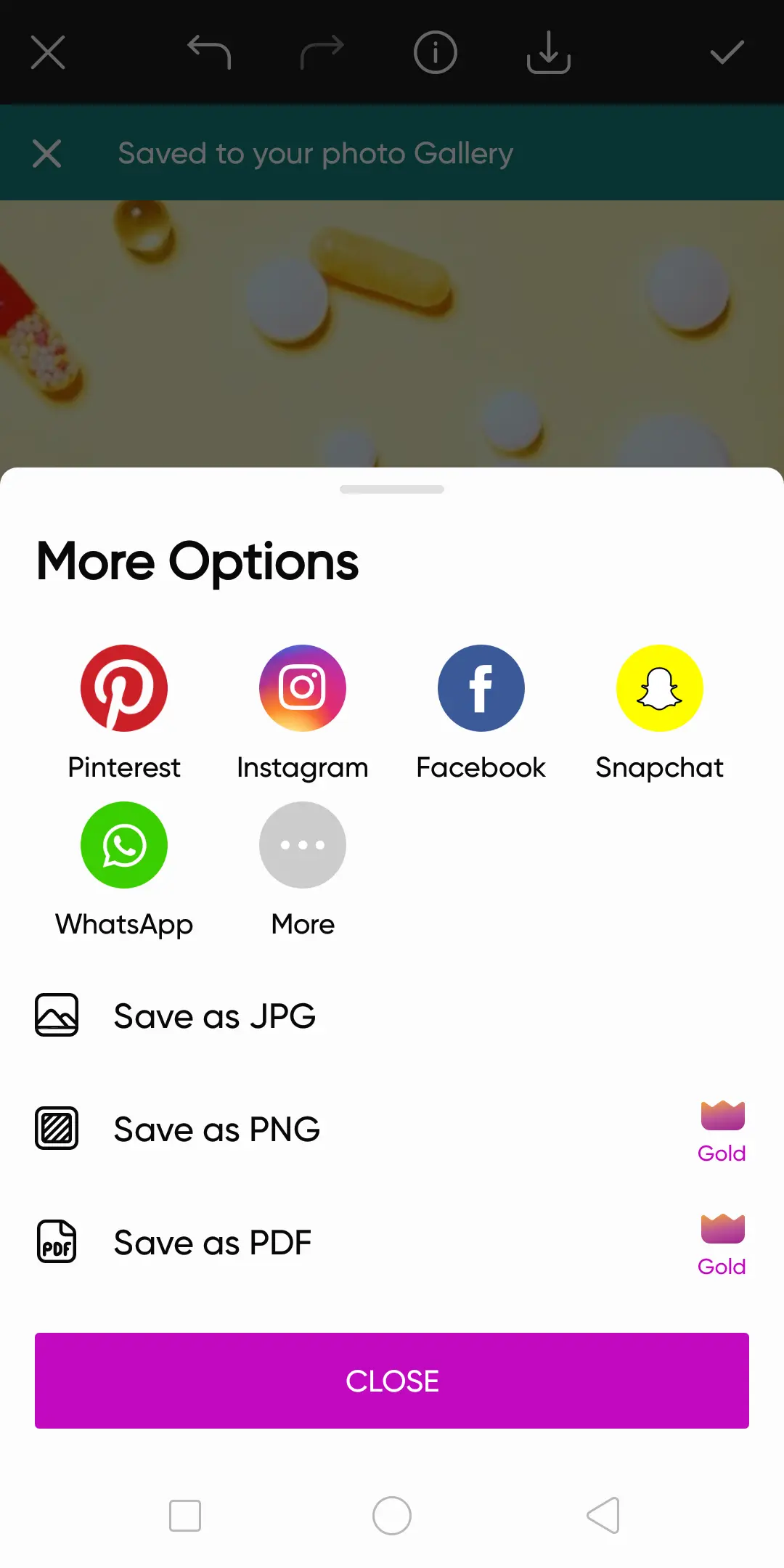 Save image options in Picsart 