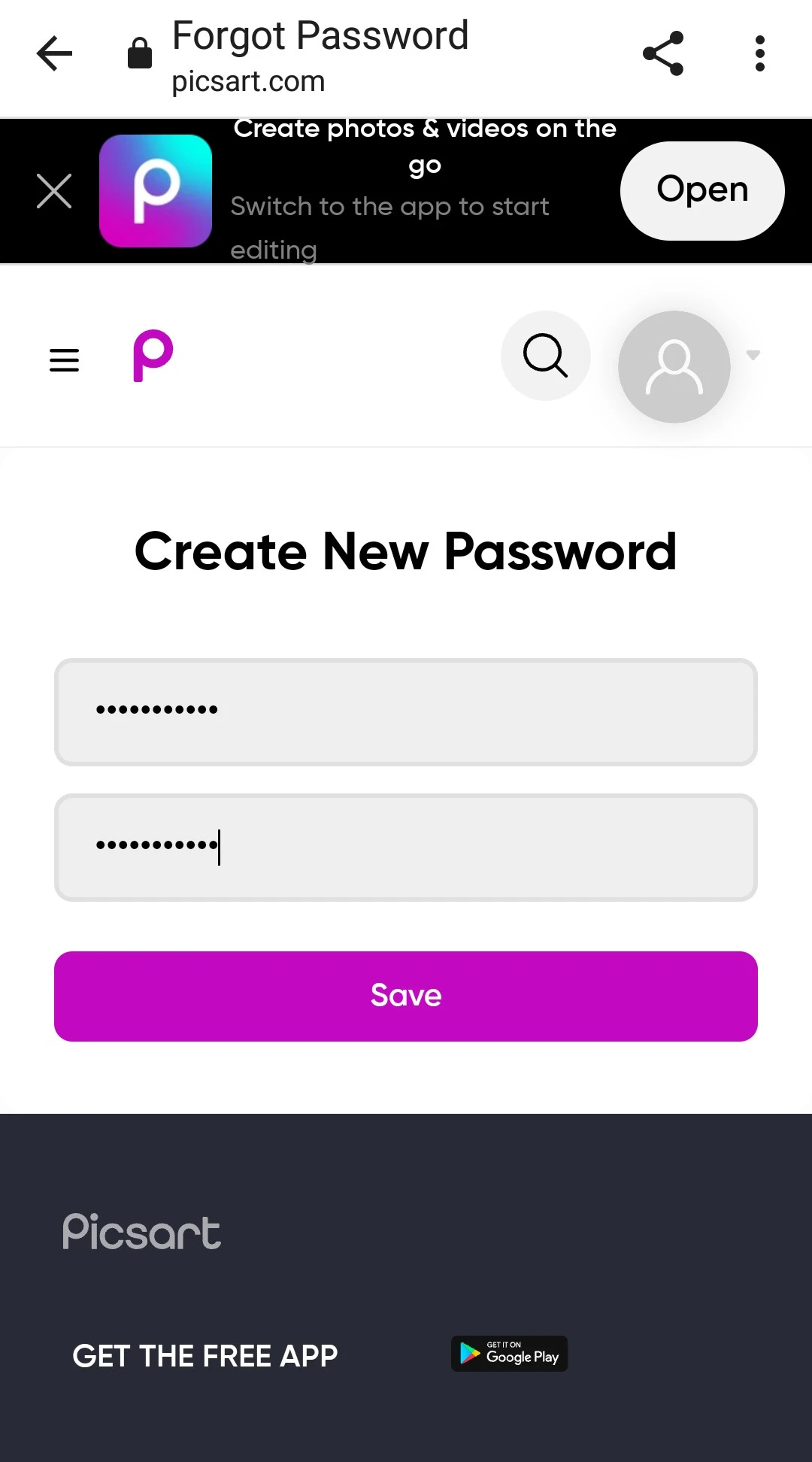picsart password 