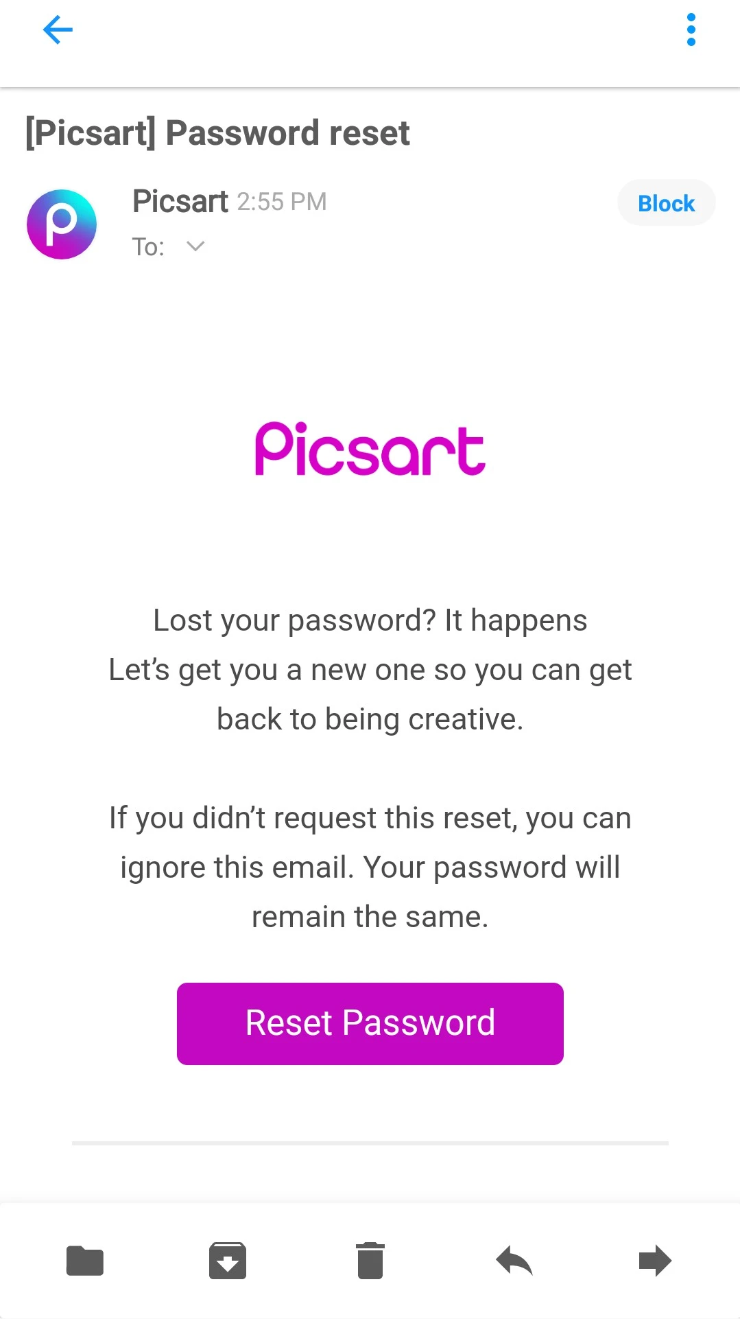 Picsart password reset email 